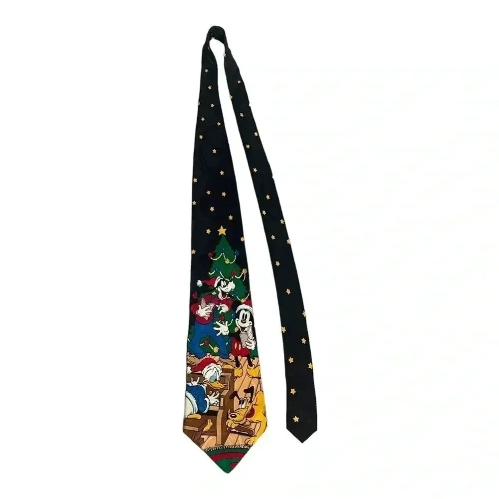 Disney Vintage Mickey Mouse Christmas Goofy Donald Pluto 100% 4” Silk Neck Tie